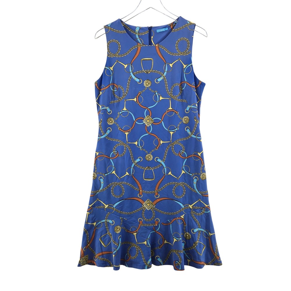 J.McLaughlin Carmen Flounce Dress Blue Stirrup Print Sleeveless Womens Large